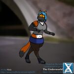  after_transformation anthro big_breasts bottomwear breasts canid canine clothing disguise female fox gloves handwear hi_res high_heels mammal midriff miniskirt nixie_(xefox99) outside red_fox skirt the_underworld transformation 