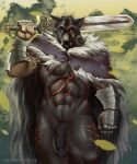  absurd_res anthro armor balls blaidd_(elden_ring) bodily_fluids breasts canid canine canis cape clothed clothing digital_media_(artwork) elden_ring fromsoftware fur genitals hair hi_res male male/male mammal melee_weapon muscular nipples nude ollie_rabbit penis scar simple_background sky solo solo_focus sword video_games weapon wolf 