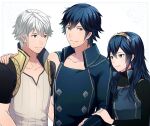  1girl 2boys ameno_(a_meno0) asymmetrical_clothes blue_eyes blue_hair brown_eyes chrom_(fire_emblem) fire_emblem fire_emblem_awakening long_hair lucina_(fire_emblem) multiple_boys robin_(fire_emblem) robin_(fire_emblem)_(male) short_hair smile sweater symbol-shaped_pupils tiara white_background white_hair 