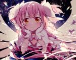  1girl ayumaru_(art_of_life) frilled_sleeves frills gloves hands_on_own_cheeks hands_on_own_face kaname_madoka long_hair looking_at_viewer mahou_shoujo_madoka_magica pink_hair ribbon smile solo twintails ultimate_madoka yellow_eyes 