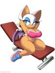  absurd_res anthro bat_wings big_breasts bra breasts chiropteran cleavage clothed clothing female footwear hi_res holding_in_mouth mammal membrane_(anatomy) membranous_wings navel navel_piercing omegasunburst piercing rouge_the_bat sega shoes signature sitting solo sonic_the_hedgehog_(series) sports_bra tan_body tan_skin thick_thighs thong underwear wings 