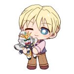  1boy belt blonde_hair blue_eyes blush bright_pupils brown_belt brown_pants brown_shoes chibi closed_mouth collared_shirt commentary dress_shirt full_body gundam gundam_sandrock gundam_wing hair_between_eyes holding holding_stuffed_toy light_smile long_sleeves looking_at_viewer male_focus pants quatre_raberba_winner shirt shoes short_hair simple_background solo standing stuffed_toy tomato_ebichiri vest white_background white_pupils 