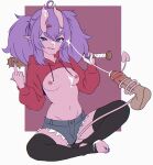  2025 absurdres anb_(anb_draws) baseball_bat black_thighhighs blue_eyes breasts colored_skin cum cum_on_body cum_on_breasts demon_horns facial fang hana_(onii_nya) highres holding holding_baseball_bat horns middle_finger nipple_piercing original piercing pink_skin pointy_ears purple_hair red_sweater short_shorts shorts small_breasts sweater tail tailjob thighhighs toeless_socks 