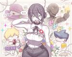  1girl 3boys beam_(chainsaw_man) black_choker black_gloves black_hair blood blood_from_mouth bomb_devil_(chainsaw_man) breasts chainsaw_man cheese choker cup denji_(chainsaw_man) domaguri explosive flower food gloves green_eyes grenade_pin hair_between_eyes hair_bun large_breasts mouse_(animal) multiple_boys object_head open_mouth reze_(chainsaw_man) shark_boy shirt sleeveless sleeveless_shirt tnt tnt_block_(minecraft) tongue tongue_out typhoon_devil_(chainsaw_man) water white_flower white_shirt 