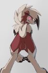  2022 anthro anus azzai backsack balls biped black_body black_fur claws digitigrade finger_claws fur genitals hair looking_at_viewer looking_back looking_back_at_viewer low-angle_view lycanroc male midnight_lycanroc multicolored_body multicolored_fur nintendo pink_eyes pok&eacute;mon pok&eacute;mon_(species) red_balls red_body red_fur simple_background smile solo video_games white_background white_body white_fur white_hair x_anus 