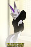  anthro arbaran bao_(hibris) blurred_background clothing curvy_body detailed_background eyebrows eyes_closed grey_body hair hi_res hibris hoodie long_tail male multicolored_body purple_inner_ear red_eyebrows solo steam text topwear undressing white_body 