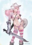  1girl armor artist_name bikini_armor buckler cloud cloudy_sky collarbone colored_skin contrapposto fangs fantasy fingernails gauntlets hand_on_hip helmet holding holding_sword holding_weapon knight long_fingernails long_hair navel original patchwork_skin pink_eyes pink_hair pink_nails pink_skin scabbard scar scar_on_arm scar_on_chest scar_on_face scar_on_leg scar_on_stomach sharp_fingernails sheath shield single_gauntlet skindentation sky slit_pupils smile solo standing stitches striped striped_legwear sword takayama_toshiaki teeth thighhighs toned unsheathed vambraces weapon 
