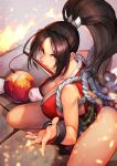  1girl bare_shoulders breasts brown_eyes brown_hair commentary_request fan_to_mouth fatal_fury fire folding_fan hand_fan high_ponytail hinoru_saikusa large_breasts long_hair looking_at_viewer ninja ponytail revealing_clothes rope shiranui_mai solo the_king_of_fighters thighs 