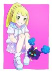  1girl blonde_hair blue_sailor_collar blush border braid commentary cosmog eyelashes green_eyes grin high_ponytail highres knees lillie_(pokemon) long_hair pink_background pkpokopoko3 pleated_skirt pokemon pokemon_(creature) pokemon_(game) pokemon_sm sailor_collar shirt shoes short_sleeves skirt smile socks teeth white_border white_footwear white_legwear white_shirt white_skirt 