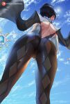  1girl araneesama ass back back_cutout bayonetta bayonetta_(series) blue_sky breasts clothing_cutout elbow_gloves gloves highres large_breasts short_hair sky solo thighs white_gloves 