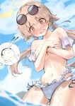  1girl @_@ akasaki_koyo aroused_nosebleed bare_shoulders bikini bikini_bottom_only blood blue_archive blush breasts brown_eyes brown_hair collarbone commentary_request covering_breasts covering_privates cowboy_shot crossed_arms day doodle_sensei_(blue_archive) embarrassed eyewear_on_head floating_hair frilled_bikini frills from_below furrowed_brow hair_between_eyes hair_ornament hair_ribbon halo hands_up hifumi_(blue_archive) hifumi_(swimsuit)_(blue_archive) highres leaning_forward long_hair looking_down low_twintails medium_breasts navel nose_blush nosebleed official_alternate_costume open_mouth outdoors ribbon ribbon-trimmed_bikini ribbon_trim round_eyewear sensei_(blue_archive) shiny_skin solo speech_bubble spoken_character stomach sunglasses swimsuit tareme tearing_up tears topless_female twintails underboob white_bikini white_ribbon wing_hair_ornament winged_halo yellow_halo 