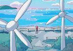  1girl 1nupool cloud facing_away highres horizon ocean original outdoors railing red_hair scenery sky solo water wind_turbine 