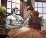  2boys abs artist_name bandages bara bed bed_sheet biceps black_hair blue_skin blurry blurry_background brown_hair building colored_skin commission couple covered_abs dark_skin ear_piercing earrings jacket jewelry jouvru long_hair looking_at_another lying male_focus multiple_boys muscular muscular_male nipples on_back original pants pectoral_cleavage pectorals piercing plant pointy_ears room topless topless_male tusks yaoi 