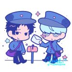  2boys adachi_tooru alternate_costume artist_name black_eyes black_hair black_pants blue_hair blue_hat blue_jacket chibi chibi_only chinese_commentary closed_mouth commentary_request commission full_body grey_eyes hat holding holding_letter jacket letter long_sleeves looking_at_viewer mailbag mailbox_(incoming_mail) mailman male_focus multiple_boys nailtoo narukami_yu pants persona persona_4 short_hair simple_background smile standing star_(symbol) white_background 