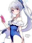  1girl blue_archive blue_halo blue_one-piece_swimsuit bow casual_one-piece_swimsuit commentary_request covered_navel dated frilled_one-piece_swimsuit frills from_side hair_bow halo hanako_(peanut) highres holding holding_phone long_hair looking_at_viewer miyako_(blue_archive) miyako_(swimsuit)_(blue_archive) off-shoulder_one-piece_swimsuit off_shoulder official_alternate_costume one-piece_swimsuit phone ponytail purple_eyes swim_ring swimsuit white_background white_hair white_innertube 