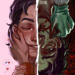  1boy 2others absurdres bags_under_eyes blood blood_from_mouth blue_eyes closed_eyes dual_persona earrings gloves green_gloves heart highres holding holding_needle hoop_earrings jewelry multiple_others needle no_i&#039;m_not_a_human out_of_frame portrait pov pov_hands progression purple_hair serpentahl short_hair split_screen spoken_emoji spoken_heart stitched_mouth stitches wide-eyed wireface_(no_i&#039;m_not_a_human) 