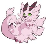  2018 3_fingers 3_toes ambiguous_gender bandai_namco claws digimon digimon_(species) dragon fangs feet feral fingers fur furred_dragon green_eyes hi_res horn long_tail looking_at_viewer magnadramon paradox-fox pink_body pink_fur signature simple_background solo toes white_background wings 