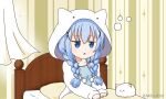  1girl angora_rabbit animal animal_hood bangs bed blue_camisole blue_eyes blue_hair braid bunny camisole chestnut_mouth commentary_request curtains eyebrows_visible_through_hair gochuumon_wa_usagi_desu_ka? hair_between_eyes hair_ornament hood hood_up hooded_jacket indoors jacket kafuu_chino long_hair low_twintails mitya open_clothes open_jacket parted_lips pillow sitting sleepy tippy_(gochiusa) twin_braids twintails twitter_username under_covers waking_up white_jacket x_hair_ornament 
