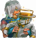  1boy 1other blue_bridal_gauntlets blue_overalls blush bow bowtie braid bridal_gauntlets carrying colored_skin green_eyes grey_hair grey_shirt grey_skin hair_between_eyes hair_ornament hair_over_one_eye hat heaven's_door highres hood hood_down hooded_overalls jodio_joestar jojo_no_kimyou_na_bouken lifting_person long_bangs male_focus medium_hair multicolored_hair open_mouth overalls paper shirt short_sleeves side_braid single_braid sparkle stand_(jojo) star_(symbol) star_hair_ornament teeth the_jojolands top_hat two-tone_hair upper_body uu0000322 white_background yellow_bow yellow_bowtie 