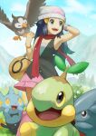  1girl :d bag beanie black_hair black_shirt bracelet cloud commentary_request dawn_(pokemon) day duffel_bag gible grass grey_eyes hair_ornament hairclip hat highres jewelry long_hair open_mouth outdoors pink_skirt poke_ball_print pokemon pokemon_(creature) pokemon_(game) pokemon_bdsp poketch red_scarf ria_(mari1101) scarf shinx shirt skirt sky sleeveless sleeveless_shirt smile starly teeth tongue tree turtwig upper_teeth watch white_headwear wristwatch yellow_bag 