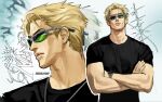  1boy black_shirt blonde_hair closed_mouth commentary crew_neck crossed_arms english_commentary frown green-tinted_eyewear highres jujutsu_kaisen lips male_focus medium_sideburns multiple_views nanami_kento shirt short_hair short_sleeves sunglasses t-shirt thatsallitchief tinted_eyewear twitter_username 