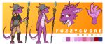  ambiguous_gender anthro armor bottomwear claws clothed clothing digital_media_(artwork) fuzzysmore_(character) hat headgear headwear hi_res holding_object horn kobold looking_away magic_user model_sheet nude open_mouth pants pink_horn poundbandana purple_body purple_scales red_eyes scales scalie simple_background solo staff standing teeth text tongue weapon 
