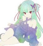  1girl arm_support bare_shoulders black_kimono blunt_bangs butterfly_hair_ornament closed_mouth collarbone commentary criss-cross_halter eyes_visible_through_hair feet_out_of_frame green_hair hair_ornament hair_ribbon halterneck highres hime_cut japanese_clothes kimono limited_palette long_hair long_sleeves looking_at_viewer murasame_(senren) red_eyes red_ribbon ribbon senren_banka sidelocks simple_background sitting smile solo split_mouth straight_hair tft_(tft7822) two_side_up very_long_hair white_background wide_sleeves 