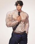  1boy abs artist_name bara belt biceps black_hair blue_eyes collared_shirt commission ear_piercing earrings highres jewelry jouvru male_focus muscular muscular_male necktie nipple_piercing nipples original pants pectorals piercing see-through shirt solo tattoo tight wet wet_clothes 