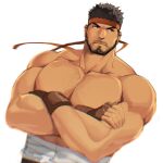  1boy bandages bara bare_pectorals beard black_eyes black_hair chest_hair covered_abs facial_hair gloves headband highres large_pectorals looking_to_the_side manly mature_male muscular muscular_male necktie necktie_removed pectoral_cleavage pectorals ryu_(street_fighter) solo street_fighter thick_arms zhuganchangjiadan 