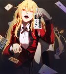  1girl bangs black_ribbon blonde_hair breasts card collared_shirt hair_between_eyes highres holding holding_card hyakkaou_academy_uniform jacket kakegurui laughing long_hair long_sleeves looking_at_viewer neven open_mouth playing_card pointing red_eyes red_jacket ribbon saotome_meari school_uniform shirt solo twintails white_shirt 