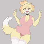  anthro bell bell_collar big_breasts breasts canid canine cleavage clothed clothing collar derp_eyes derpybelle female footwear fur gesture hair legwear mammal open_mouth pukemilked socks solo thigh_highs thigh_socks tongue tongue_out v_sign 