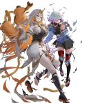  2girls aqua_hair ass blonde_hair breasts crystal damaged fire_emblem fire_emblem_heroes fuuma_shuriken gradient_hair grey_hair gullveig_(fire_emblem) gullveig_(ninja)_(fire_emblem) hair_ornament hair_over_one_eye highres horns huge_breasts japanese_clothes kvasir_(fire_emblem) kvasir_(ninja)_(fire_emblem) long_hair multicolored_hair multiple_girls non-web_source official_alternate_costume official_art sandals scarf scroll shoes short_hair shuriken sideboob single_horn small_breasts snake_hair_ornament torn_clothes unworn_shoes very_long_hair weapon yellow_eyes 