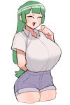  1girl :d ^_^ arm_behind_back bangs blunt_bangs breasts closed_eyes commentary_request cropped_legs drawlomong24 eyebrows_visible_through_hair green_hair highres korean_commentary large_breasts long_hair low-tied_long_hair open_mouth original shirt short_shorts short_sleeves shorts simple_background smile solo tented_shirt white_background white_shirt 