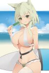  1girl absurdres animal_ear_fluff animal_ears arknights bangs beach bikini blue_sky blush breasts cat_ears cleavage closed_mouth cowboy_shot criss-cross_halter curryzcy day eyebrows_visible_through_hair food green_bikini green_eyes green_hair halterneck highres holding holding_food kal&#039;tsit_(arknights) large_breasts long_hair looking_at_viewer mismatched_bikini outdoors popsicle single_thighhigh sky smile solo surfboard swimsuit thighhighs white_bikini white_legwear 