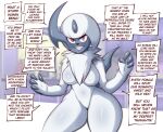  2022 4_fingers absol absurd_res anthro blush blush_lines breasts dialogue english_text female fingers fur hi_res looking_at_viewer navel nintendo nude orange_eyes pok&eacute;mon pok&eacute;mon_(species) saltyxodium smile solo speech_bubble talking_to_viewer teeth text video_games white_body white_fur 