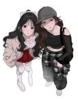  2girls baggy_pants baseball_cap black_bag black_hair black_pants blue_eyes boots bow bow_earrings brown_hair cardigan choppy_bangs cleavage_cutout clothes_around_waist clothing_cutout collarbone earrings from_above full_body grey_eyes grey_hat hair_bow hat heart_cutout highres hoop_earrings jewelry kena131 knee_boots long_hair looking_at_viewer mesh multiple_girls navel original pants pink_lips plaid_clothes plaid_shirt red_skirt shirt shirt_around_waist shoes simple_background skirt standing white_boots white_bow white_shoes 