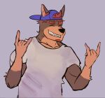 anthro backwards_baseball_cap backwards_hat baseball_cap body_hair canid canine canis chad_harman clothing devil_horns_(gesture) dobermann domestic_dog eyes_closed facial_hair fangs fur gesture hand_gesture hat headgear headwear home_zomewhere_else hybrid limi_berry male mammal mastiff molosser muscular muscular_anthro muscular_male pinscher rottweiler shirt smile solo t-shirt teeth topwear