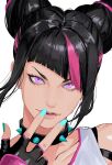  1girl absurdres aqua_nails black_gloves black_hair blunt_bangs collar commentary diagonal_bangs drill_hair eyebrows_hidden_by_hair fingerless_gloves gloves hair_horns hair_intakes han_juri highres multicolored_hair pink_eyes pink_hair portrait signature smile solo spiked_collar spikes street_fighter street_fighter_6 twin_drills two-tone_hair virtuware w 