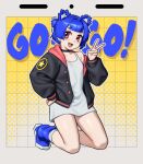  1girl animal_ears bear_ears bear_girl black_choker black_jacket blue_boots blue_hair boots borrowed_character choker collarbone dress fang go!_go!_gris! grey_outline gris_(go!_go!_gris!) highres hunybee jacket long_sleeves looking_at_viewer open_clothes open_jacket open_mouth outline pink_eyes smile solo tongue v white_dress 