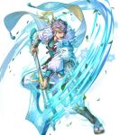  1boy aqua_eyes attack axe cape fire_emblem fire_emblem_heroes frost green_hair highres holding holding_axe hrid_(fire_emblem) hrid_(ninja)_(fire_emblem) ice japanese_clothes maid_headdress mask mask_on_shoulder ninja non-web_source official_alternate_costume official_art open_mouth sandals solo tabi 