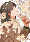  1girl absurdres brown_coat brown_eyes brown_hair cherry_blossoms coat commentary_request cup disposable_cup drink drinking_straw earrings english_text falling_petals from_side hand_up highres holding holding_drink jewelry long_sleeves looking_up medium_hair original parted_lips petals qooo003 scarf simple_background solo spring_(season) upper_body watch white_background white_scarf wristwatch 