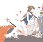  2girls akan_(azure_samu) animal_ears arknights bare_legs barefoot bird_ears bird_tail black_tank_top blush brown_hair character_doll closed_mouth commentary doll dragon_horns dragon_tail feather_hair hand_on_another&#039;s_thigh highres horns infection_monitor_(arknights) long_hair multiple_girls on_bed orange_eyes panties plant potted_plant saria_(arknights) scar scar_on_arm scar_on_leg shirt silence_(arknights) straddling tail tank_top underwear white_hair white_panties white_shirt yellow_eyes yuri 