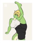 2025 anthro balls big_breasts big_penis blonde_hair bottomwear breasts bulge clothing detailed_bulge digital_drawing_(artwork) digital_media_(artwork) genitals green_body gynomorph hair hi_res humanoid_genitalia humanoid_penis iguana iguanid intersex legs_up lizard looking_at_viewer markings penis purple_eyes purple_markings reptile scalie shirt shorts solo tan_body tank_top topwear valerie_(iggymaid) xc404 yoga