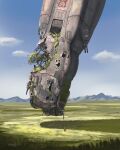  1other abandoned ambiguous_gender blue_sky commentary day english_commentary field highres manavu mountainous_horizon original outdoors overgrown railgun scenery science_fiction shadow signature simple_bird sky spacecraft tree very_wide_shot watermark 