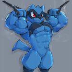  abs absurd_res anthro biceps big_biceps big_muscles blue_body blue_fur bodily_fluids flexing fur grey_background growth hi_res male muscle_growth muscular muscular_male nintendo pok&eacute;mon pok&eacute;mon_(species) red_eyes riolu simple_background solo standing steam sweat tagme teeth veiny_muscles video_games waddledox 