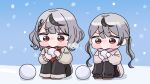  2girls black_hair black_pants blush blush_stickers braid braided_bangs breath brown_shoes chibi grey_hair hair_ornament highres holding hololive long_hair looking_down mochimiko multicolored_hair multiple_girls nose_blush pants pink_scarf pink_shirt plaid_clothes plaid_scarf red_eyes red_scarf red_shirt sakamata_chloe scarf shirt shoes siblings sisters snow snowball snowflakes snowing squatting streaked_hair twintails very_long_hair virtual_youtuber x_hair_ornament yurie_mouth 