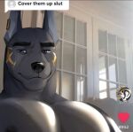  9klipse anthro anubian_jackal black_body black_fur canid canine canis cover_them_up_slut ear_piercing ear_ring english_text fur instagram jack_(9klipse) jackal male mammal meme muscular narrowed_eyes nipples pecs piercing shirtless solo squint text unamused 