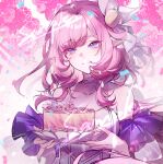  1girl absurdres birthday_cake blue_eyes breasts cake cleavage closed_mouth collarbone dress elf elysia_(honkai_impact) floral_background food hair_ornament highres holding holding_cake holding_food holding_plate honkai_(series) honkai_impact_3rd large_breasts long_hair looking_at_viewer official_alternate_costume pink_hair plate pointy_ears sample_watermark see-through_cleavage see-through_clothes seven60755660 smile solo upper_body watermark white_dress 
