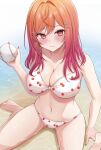  1girl 7nopi absurdres alternate_costume asymmetrical_bangs ball barefoot baseball bikini blush breasts cherry_print cleavage closed_mouth collarbone commentary earrings fingernails food_print from_above fruit_print gradient_hair hair_ornament hairpin hashtag-only_commentary highres holding holding_ball hololive hololive_dev_is hoop_earrings ichijou_ririka jewelry large_breasts long_hair looking_at_viewer multicolored_hair navel orange_eyes orange_hair orange_nails pink_hair print_bikini sitting sitting_on_water solo stomach swimsuit toenails toes virtual_youtuber wariza wet white_bikini 
