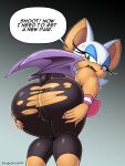 absurd_res anthro big_breasts big_butt bottomwear breasts butt chiropteran clothing cross-popping_vein dialogue english_text female hi_res leaning leaning_forward looking_back mammal omegasunburst pants rouge_the_bat sega solo sonic_the_hedgehog_(series) text torn_clothing wings yoga_pants 